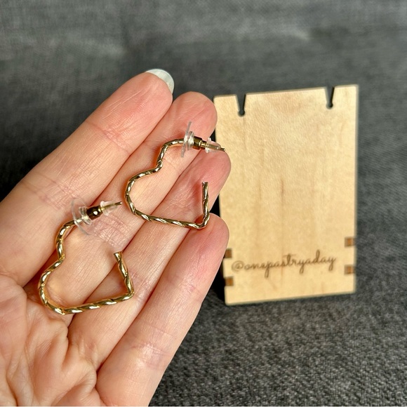 Gold Twist Heart Cuff Hoop Earrings, Unique, Funky - Picture 15 of 16